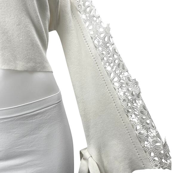 French Connection Leona Pointelle White Crochet Knit Crop Sweater Top Size XS - Picture 8 of 12